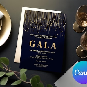 Puede incluir: Una invitaci&oacute;n azul marino con detalles de purpurina dorada para un evento de gala. La invitaci&oacute;n dice "Por favor, &uacute;nase a nosotros para el evento anual de Winchester Charity Gala, s&aacute;bado 15 de agosto de 2023, 7pm-11pm, Shore Hotel, 26985 Brighton Lane, CA 92630, Vestimenta formal, RSVP antes del 10 de junio, -123 1234 1234".