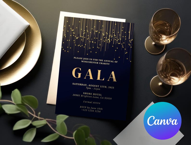 Puede incluir: Una invitaci&oacute;n azul marino con detalles de purpurina dorada para un evento de gala. La invitaci&oacute;n dice "Por favor, &uacute;nase a nosotros para el evento anual de Winchester Charity Gala, s&aacute;bado 15 de agosto de 2023, 7pm-11pm, Shore Hotel, 26985 Brighton Lane, CA 92630, Vestimenta formal, RSVP antes del 10 de junio, -123 1234 1234".