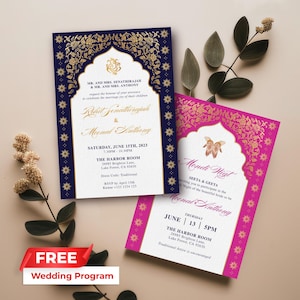Pacote de convites de casamento indianos editáveis | Convite de casamento hindu | Cartão tradicional e mehndi | Para impressão | Download instantâneo | Canva