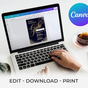 May include: A laptop computer with a Canva logo in the background. The laptop screen shows a design for a gala invitation with gold glitter and the word "Gala" in a cursive font.