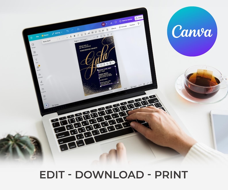May include: A laptop computer with a Canva logo in the background. The laptop screen shows a design for a gala invitation with gold glitter and the word "Gala" in a cursive font.