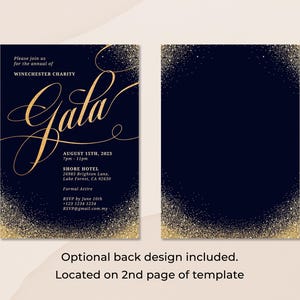 May include: Gold glitter on a dark blue background with text that reads "Please join us for the annual of WINCHESTER CHARITY Gala AUGUST 15TH, 2023 7pm-11pm SHORE HOTEL 26985 Brighton Lane, Lake Forest, CA 92630 Formal Attire RSVP by June 10th 123 1234 1234 RSVP@gmail.com.my"