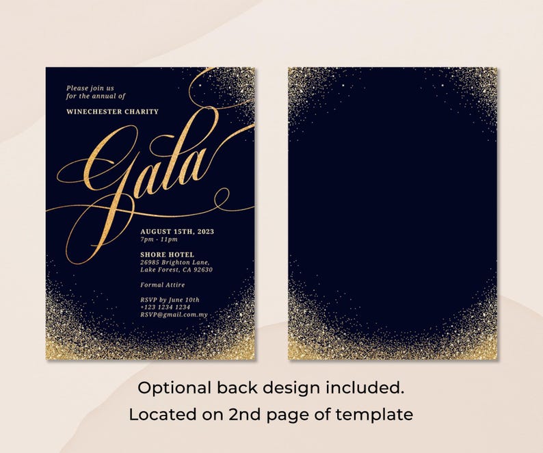 May include: Gold glitter on a dark blue background with text that reads "Please join us for the annual of WINCHESTER CHARITY Gala AUGUST 15TH, 2023 7pm-11pm SHORE HOTEL 26985 Brighton Lane, Lake Forest, CA 92630 Formal Attire RSVP by June 10th 123 1234 1234 RSVP@gmail.com.my"