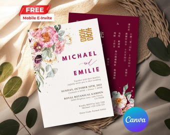 Chinese Floral Wedding Invitation | Oriental Asian | Double Happiness | Editable Canva Template | Instant Download