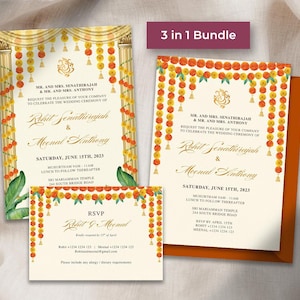 Pacote de convites de casamento indianos editáveis | Convite de casamento hindu | Cartão tradicional e mehndi | Programa de casamento | Para impressão | Canva