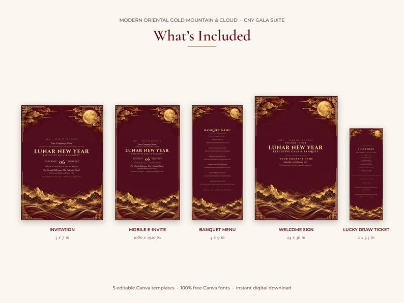 Chinese New Year Banquet Suite Canva Template, 5-piece Gold Mountain ...