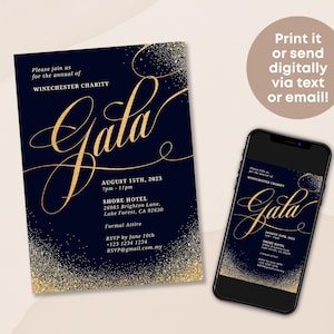 May include: A navy blue and gold invitation for a gala event. The invitation features a gold glitter background and the text "Gala" in a gold script font. The event details are listed below the text, including the date, time, location, and dress code. The invitation also includes the text "Print it or send digitally via text or email!"