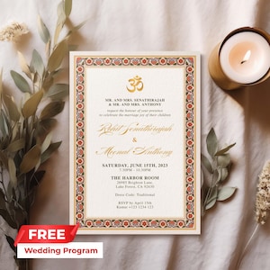 Convites de casamento indianos editáveis | Convite de casamento hindu | Cartão de casamento com moldura de flores | Imprimível | Download instantâneo | Modelo Canva