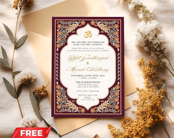 Floral Motif Indian Wedding Invitation | Hindu Wedding | Editable Canva Template | Instant Download
