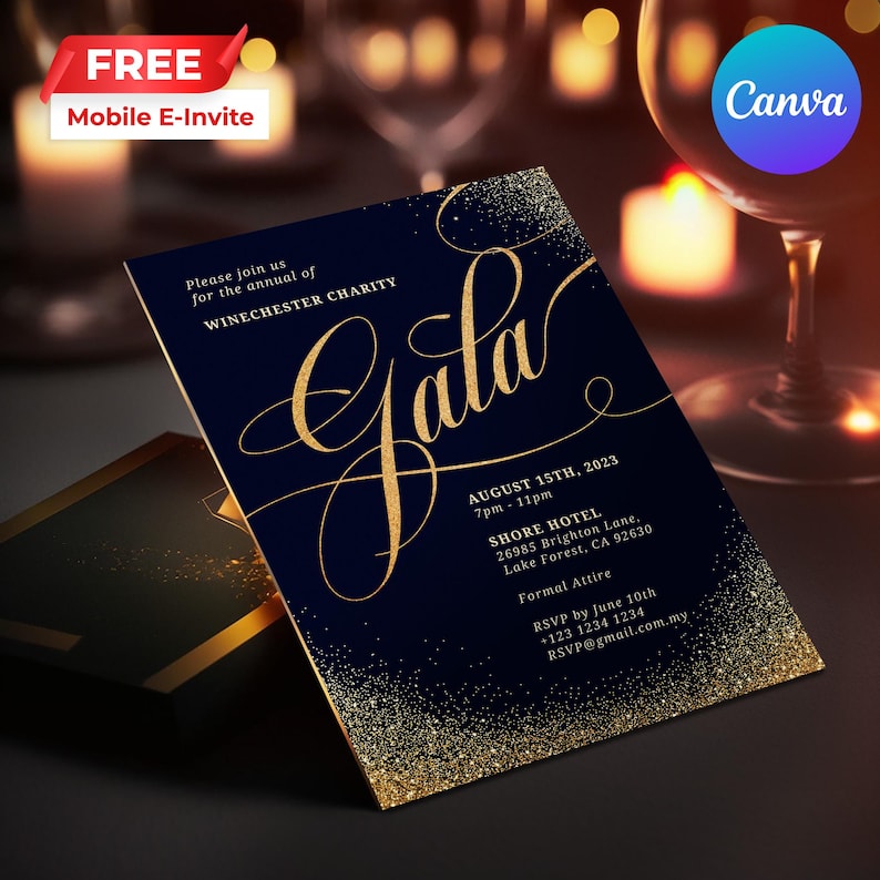 May include: A navy blue invitation card with gold glitter accents and the text "Gala" in gold script. The invitation is for the Winchester Charity Gala on August 15th, 2023, from 7pm to 11pm at the Shore Hotel in Lake Forest, California. The invitation includes the address, dress code, and RSVP information.