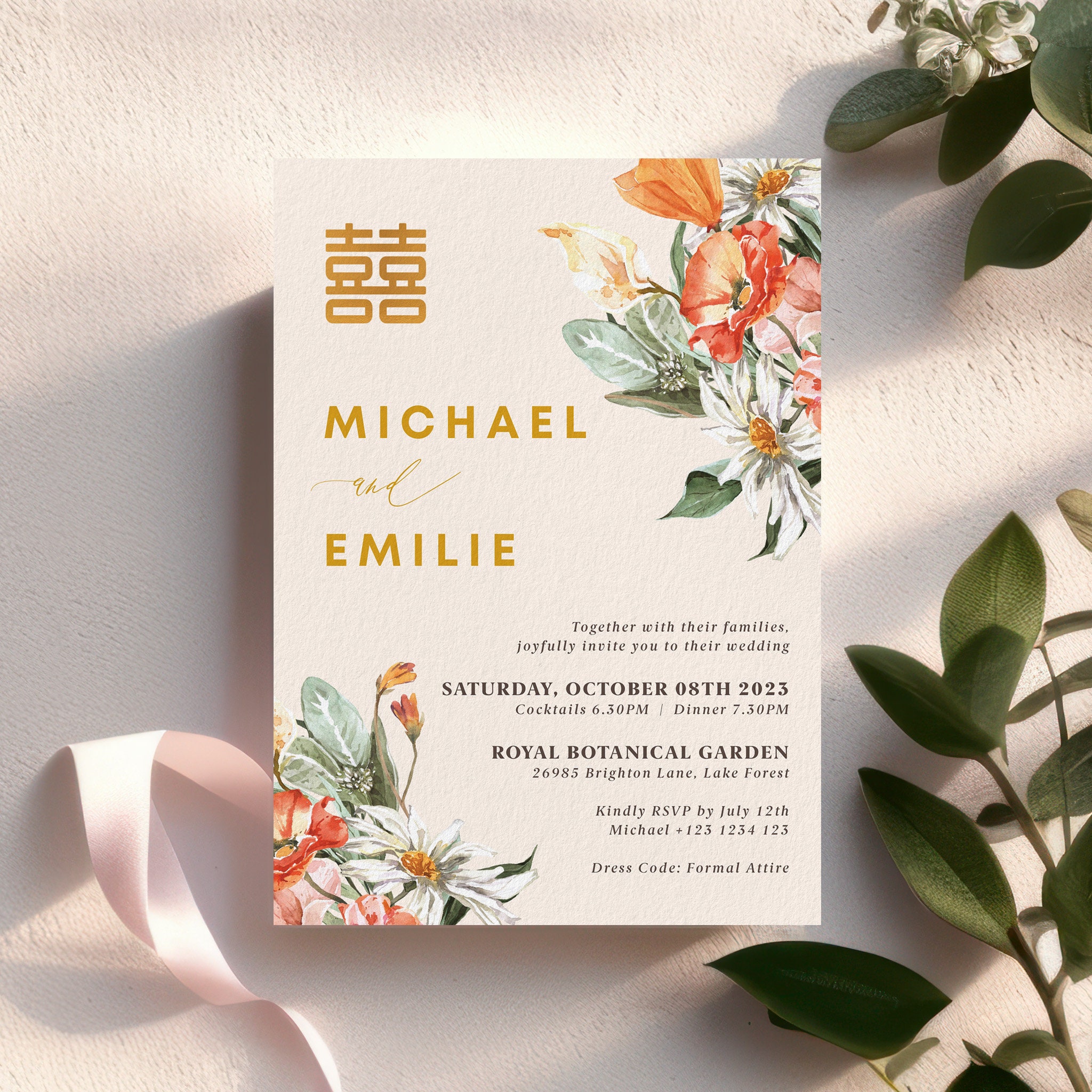 Editable Chinese Wedding Invitations Oriental Floral Wedding Invite ...