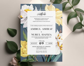 Editable Muslim Wedding Invitation | Mehndi Wedding Invite | Yellow Floral Elegant Wedding Card | Printable | Instant Download | Corjl MWMF