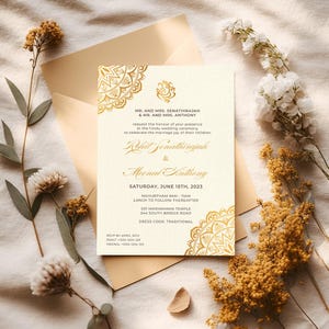 Bewerkbare Indiase huwelijksuitnodigingen | Hindoe-bruiloftsuitnodiging | Gouden Lotus Mandala-trouwkaart | Afdrukbaar | Direct downloaden | Canvassjabloon