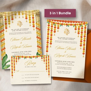 Editable Indian Wedding Invitations Bundle | Hindu Wedding Invite | Traditional and Mehndi Card | Wedding Program | Printable | Corjl IWDB