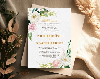 Editable Muslim Wedding Invitation | Mehndi Wedding Invite | Pink Floral Boho Wedding Card | Printable | Instant Download | Corjl MWMF