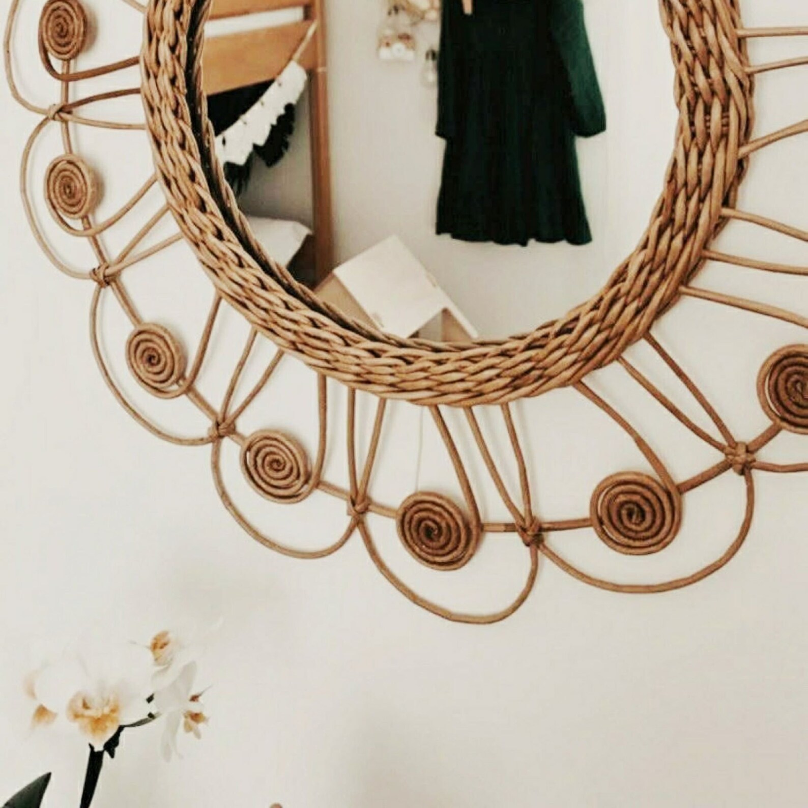 Boho wall decor Wicker Framed round wall mirror Wicker wall Etsy