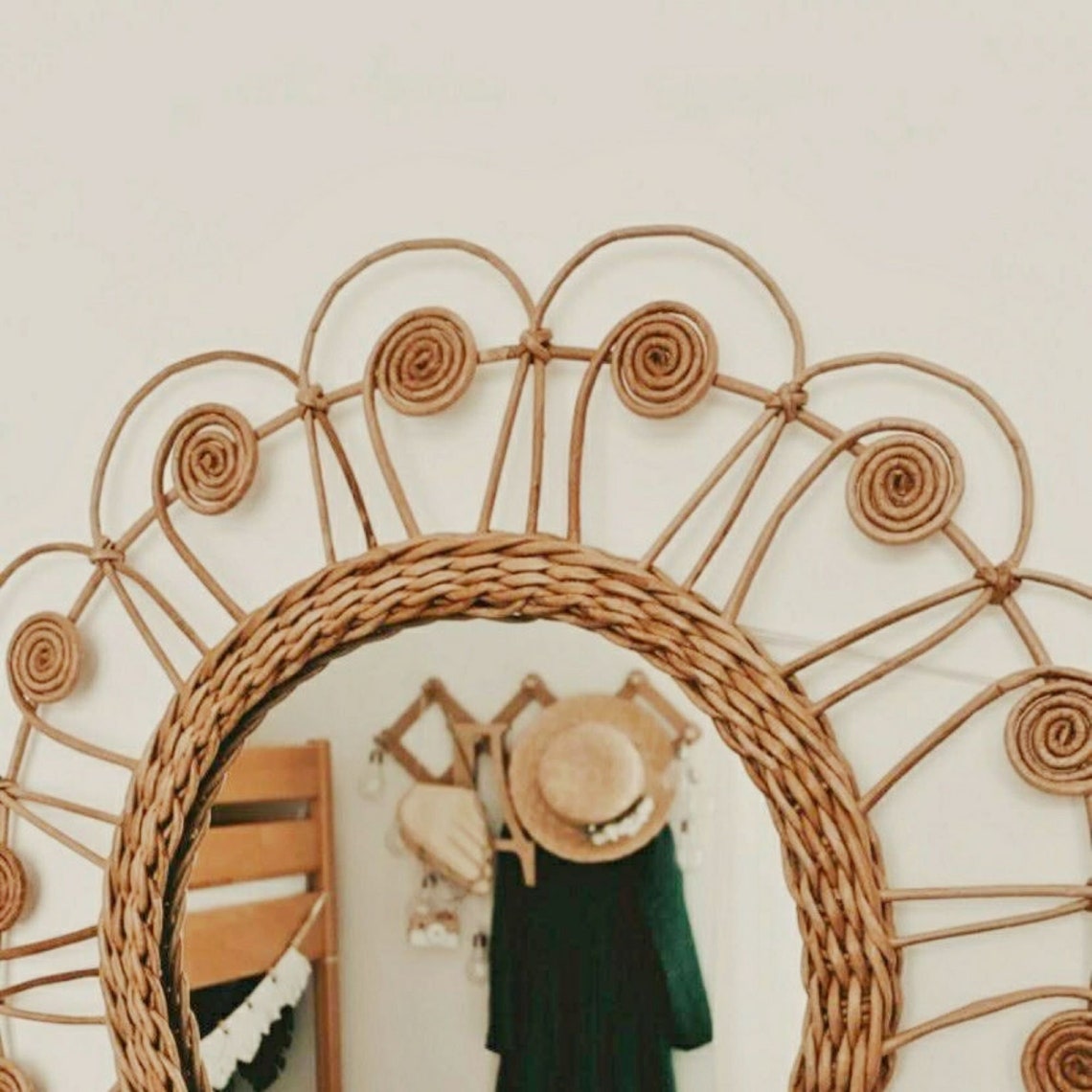 Boho wall decor Wicker Framed round wall mirror Wicker wall Etsy