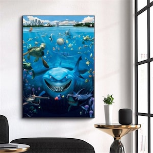May include: A colorful underwater scene with a large blue shark with a toothy grin, a green sea turtle, and other fish swimming around. The scene is set against a backdrop of a city skyline and a bridge.