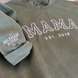 Custom Embroidered Sweatshirt for Mom, Personalized Sleeve Embroidered Sweatshirt, Mama EST Crewneck, Custom Gift for Mom, New Mom Pullover image 1