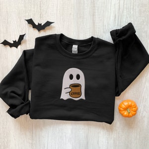 Embroidered Ghost Sweatshirt, Ghost Coffee Embroidered Halloween Sweatshirt, Women Fall Sweater, Coffee Lover Gift, Fall Coffee Shirt