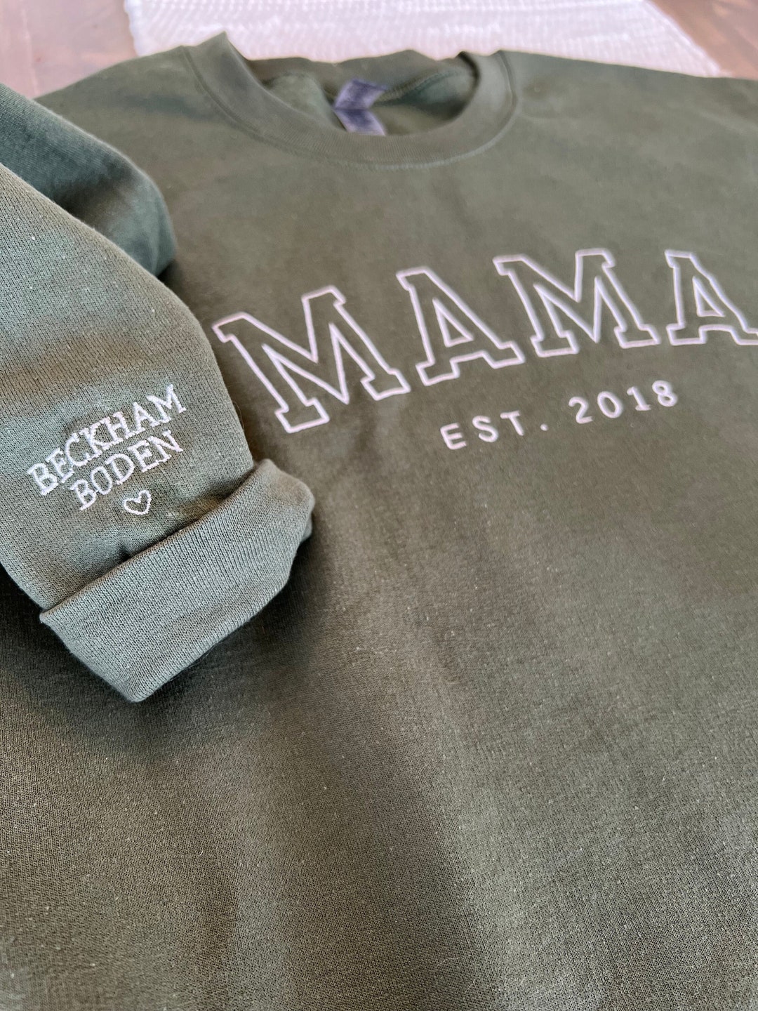 Custom Embroidered Sweatshirt for Mom, Personalized Sleeve Embroidered Sweatshirt, Mama EST