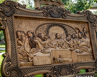 Letztes Abendmahl Holz geschnitztes Wandbild, Holzschnitzkunst, katholische Holzdekoration, religiöse Jesus Geschichte, katholische Kunst, Holzschnitzerei
