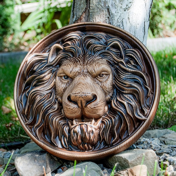 Wooden Carved Lion Head, Wall ornament Lion, Wooden Gift on the wall, 3D carved wood wall lion art