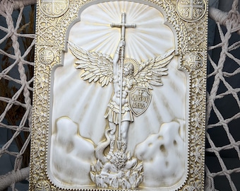 Icono del Arcángel Miguel, talla católica, decoración religiosa para el hogar, marco dorado