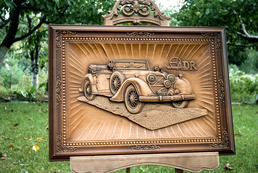 Classic Car Wooden Carved Wall Art Ready to Ship 31.5x22.8 In, Wooden Bergmeister Car Vintage