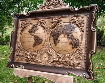 Carved Wood World Map Art, Antique Style Map Illustration, Historical Home Office Decor