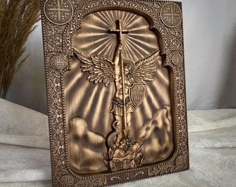 Saint Michael Wood Carving, Archangel Icon, Religious Wall Art
