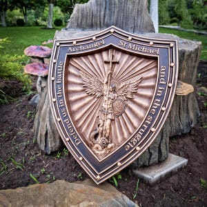 Houten Sint-Michielspictogram op schild, wanddecoratie aartsengel Michaël, christelijk cadeau, houten schild Sint-Michiel, katholieke kunst aan de muur