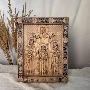 Religious icons Saint Sophia and her three daughers Wood Carvings Religious icon, First Communion, Baptism gift, handmade wooden icon