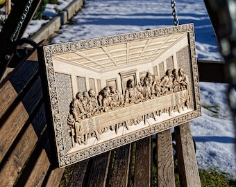 Geschnitztes Abendmahl aus Naturholz in , Holzwandkunst, Abendmahlzeit, katholische Wandkunst, Wanddekor