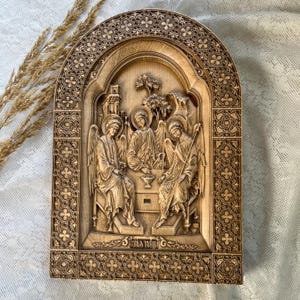 The Trinity Orthodox Icon, Holy Trinity Wooden carved Icon, religious carving art, religious statuary