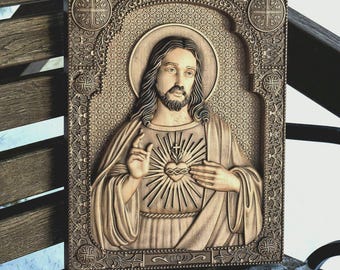 Sacred Heart hölzerne Ikone: Handgemachte katholische Wandkunst aus Ahorn