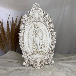 Retro Our Lady of Guadalupe wooden icon, Catholic wood wall art with Virgin Mary, blessed mother statue
