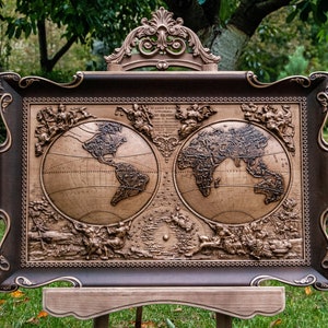 Kaart van de wereld gesneden uit natuurlijk hout, wereldkaartkunst, wereldkaart, wereld met continenten, houten muurkunst, gesneden, 3D-kunst