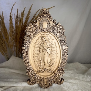 Icono de madera retro de Nuestra Señora de Guadalupe, arte de pared de madera católica con la Virgen María, estatua de la Santísima Madre