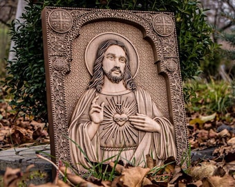 Heilig hart houten pictogram, klaar voor verzending, christelijk-katholieke muurkunst - Our Lord Jesus Icon - muur hangende kunst - bevestigingscadeau, Jezus kunst