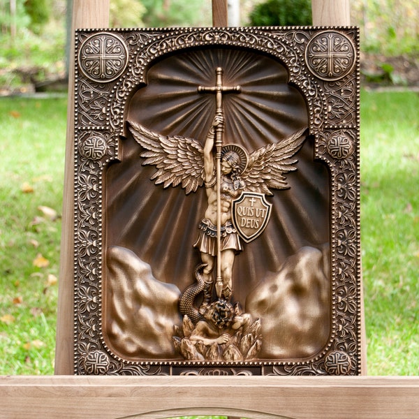 Saint Michael Icon Wood carvings, Archangel Michael, Wooden religious wall art christian christmas religous gifts for men, Carved icon