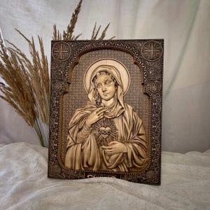 Immaculate Heart of Mary carved wooden icon Wall Art Christian Catholic gift family home decor