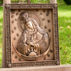 Our Lady of the Gate of Dawn Icon, Virgin Mary Ostrobramska Icon,  Wooden carved icon, Orthodox Byzantine