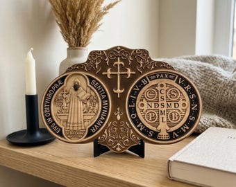 Wood Carved St. Benedict Medal, Christian Wall Plaque, Religious Home Decor