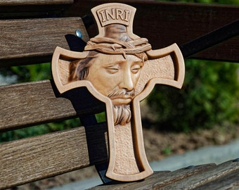 Catholic Wall Cross with Carved Jesus Face, Maple Wood Crucifix, Home Altar Cross, Prayer Room Decor, Baptism Gift