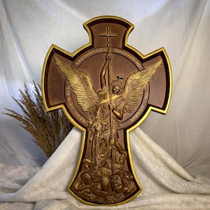 Aartsengel Michaël muur opknoping houten gesneden woondecoratie katholieke Christus muur kruis voogd houtsnijwerk religieuze muur decor huis cadeau