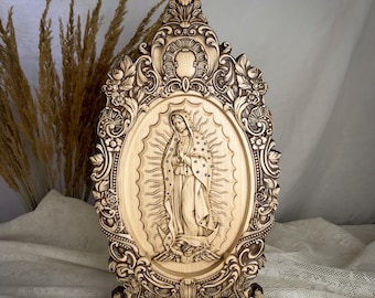 Heilige Onze-Lieve-Vrouw van Guadalupe van natuurlijk hout, pictogram Maagd Maria, katholieke decoratie, religieus geschenk, katholiek pictogram christelijke kunst aan de muur