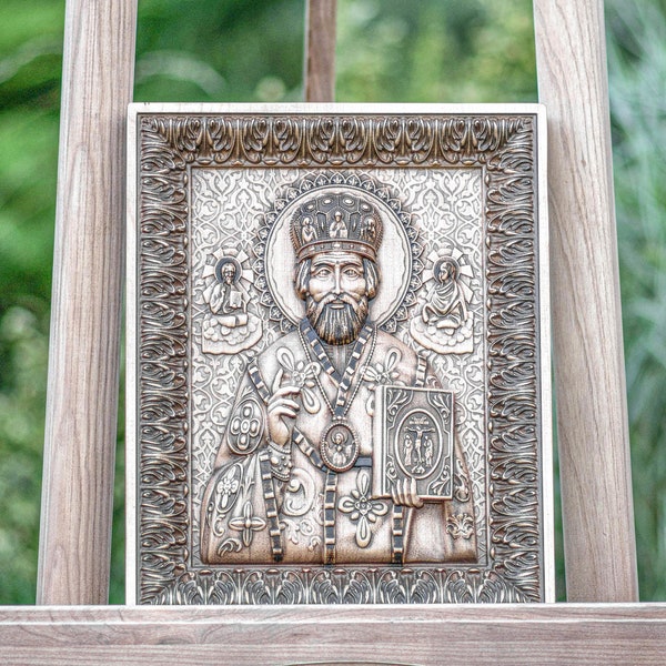 Personalized Engraved St Nicholas Orthodox Icon - Handmade Wooden Carving - Protector of Children - Spiritual Christian Gift