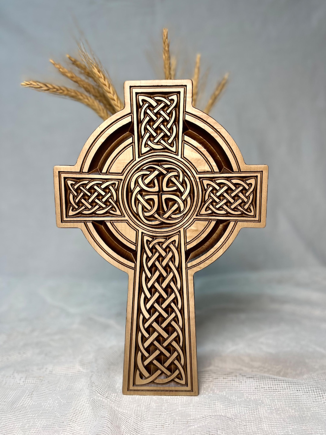 Hand Carved Maple Wood Celtic Cross: Irish Knot Spiritual Decor - Brown, 7.9x5.1 in