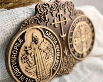 Wood Carved St. Benedict Medal: Christian Wall Plaque, Religious Home Decor